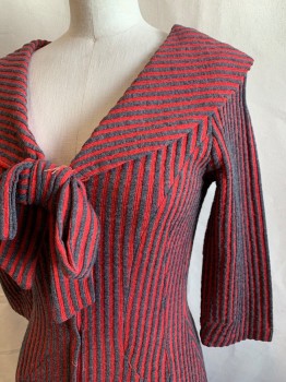 Womens, Dress, MTO, Red, Heather Gray, Wool, Stripes, W 24, B 32, H 32, Zip Front, 3/4 Sleeve, Sailor Collar with Pre-tied Bow Front, Center Front, Inverted Pleat Near Hem