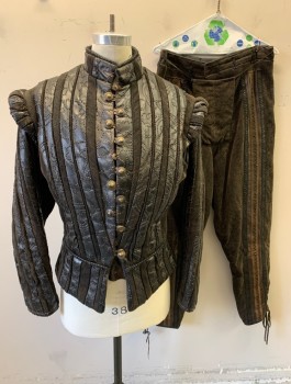 Mens, Historical Fiction Piece 1, N/L, Dk Brown, Brown, Wool, Leather, 40, Doublet, Vertical Stripes/Panels of Ribbed Wool and Dotted Texture Leather, Long Detachable Sleeves with Ties at Shoulder, Button and Loop Closures at Front, Stand Collar, Made To Order Reproduction