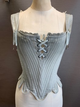 Womens, Historical Fiction Corset, PERIOD CORSETS, Sea Foam Green, Gray, Cotton, Mottled, Solid, W24+, B34+, Aged, Lace Up V Center Front, Scallopped Hem, Lace Up Back, Lace Trim Neck Edge