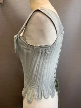 PERIOD CORSETS, Sea Foam Green, Gray, Cotton, Mottled, Solid, Aged, Lace Up V Center Front, Scallopped Hem, Lace Up Back, Lace Trim Neck Edge