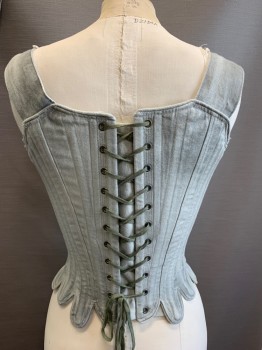 PERIOD CORSETS, Sea Foam Green, Gray, Cotton, Mottled, Solid, Aged, Lace Up V Center Front, Scallopped Hem, Lace Up Back, Lace Trim Neck Edge