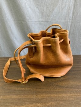 Womens, Purse, COACH, Camel Brown, Leather, Solid, OS, Cross Body, Drawstring Closure, Pebbled Leather