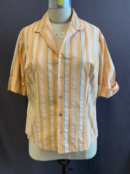 Womens, Blouse, NL, Peach Orange, Orange, Yellow, Green, Red, Cotton, Stripes - Vertical , B: 48, Collar Attached, Button Front, Long Sleeves