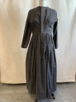 Womens, Dress 1890s-1910s, MTO, Black, Cream, Cotton, Dots, Floral, W 32, B 40, Hook & Eye Front, Long Sleeves, Gathered Skirt, Inverted Drop Pleats Upwards From Waistband,