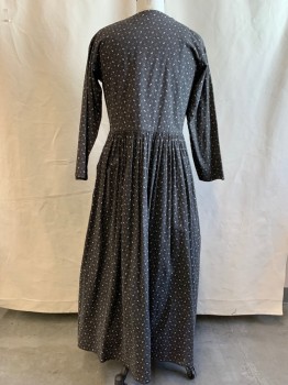 Womens, Dress 1890s-1910s, MTO, Black, Cream, Cotton, Dots, Floral, W 32, B 40, Hook & Eye Front, Long Sleeves, Gathered Skirt, Inverted Drop Pleats Upwards From Waistband,