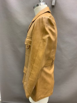 Mens, Leather Jacket, SERIES 500, Ochre Brown-Yellow, Leather, Solid, 42, 4 Button Front, 4 Pockets with Button Flaps. Has All It's Buttons, Attached Belt Center Back,
