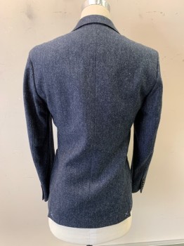 J CREW, Navy Blue, Gray, Wool, Cotton, Herringbone, Single Breasted, Notched Lapel, 2 Buttons, 3 Pockets Including 2 Large Patch Pockets at Hips