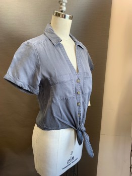 ABERCROMBIE & FITCH, Gray, Lyocell, Solid, Button Front, V-neck, Collar Attached, Self Tie Front, Mid-drift, Cuffed Short Sleeves, 2 Pockets,