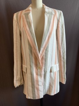 Womens, Blazer, ZARA , Lt Pink, White, Black, Beige, Orange, Polyester, Synthetic, Stripes, XS, Single Breasted, 1 White Button, Peaked Lapel, 2 Pockets, 1 Button Cuff, Unstructured