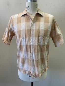 Mens, Casual Shirt, L'ASCOLI, Beige, White, Cotton, Check , N:15.5, M, 1950's, Small X's in Pattern, S/S, Button Front, Collar Attached, 1 Patch Pocket