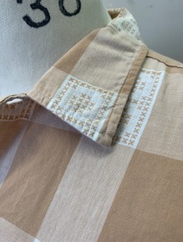 L'ASCOLI, Beige, White, Cotton, Check , 1950's, Small X's in Pattern, S/S, Button Front, Collar Attached, 1 Patch Pocket