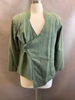 Mens, Jacket, MTO , Olive Green, Cotton, Solid, L, Crossover Front with Snap, Asymmetric, V-neck, Long Sleeves, 1 Pocket, Stand Collar, Reinforced Shoulder
