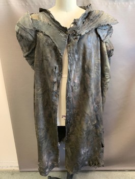 Unisex, Sci-Fi/Fantasy Cape/Cloak, MTO, Olive Green, Tobacco Brown, Nylon, Floral, Mottled, OS, Aged and Dirty Floral Patterned Poncho, 2 Snap Front, 4 Snaps on Sides, Textured Foam Shoulder Armor Leather Straps CB Ragged Hem