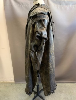 Unisex, Sci-Fi/Fantasy Cape/Cloak, MTO, Olive Green, Tobacco Brown, Nylon, Floral, Mottled, OS, Aged and Dirty Floral Patterned Poncho, 2 Snap Front, 4 Snaps on Sides, Textured Foam Shoulder Armor Leather Straps CB Ragged Hem