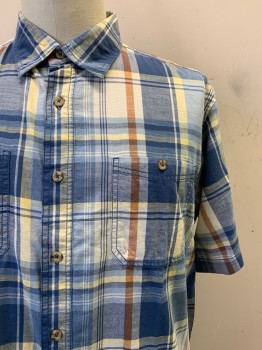 Outdoor Life, Blue, Lt Blue, Off White, Lt Yellow, Brown, Cotton, Plaid, S/S, Button Front, Collar Attached, Chest Pockets