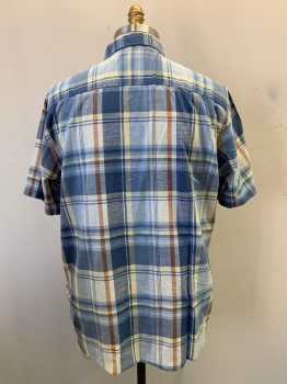 Outdoor Life, Blue, Lt Blue, Off White, Lt Yellow, Brown, Cotton, Plaid, S/S, Button Front, Collar Attached, Chest Pockets