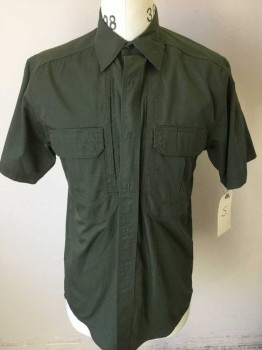 5.11 Tattical, Dk Green, Cotton, Solid, Shirt: Army Green, Short Sleeve B.f 2 Front Velcro Flip Pockets