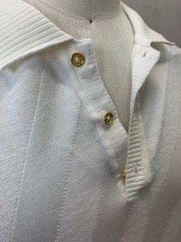 Sean John, Cream, Gold, Cotton, Acrylic, Stripes - Diagonal , Collar Attached, 3 Gold Metallic Buttons, Short Sleeves, Woven Diagonal Stripes Across Shirt