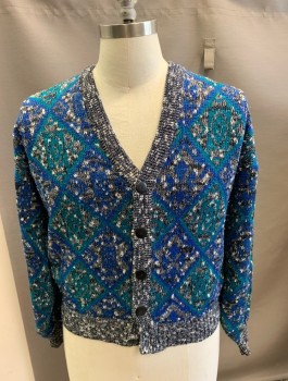 Mens, Sweater, MC GREGOR, Black, White, Royal Blue, Teal Blue, Cotton, Acrylic, Diamonds, Speckled, M, Cardigan, L/ S, with 5 Buttons