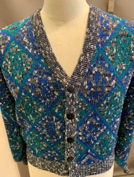 Mens, Sweater, MC GREGOR, Black, White, Royal Blue, Teal Blue, Cotton, Acrylic, Diamonds, Speckled, M, Cardigan, L/ S, with 5 Buttons