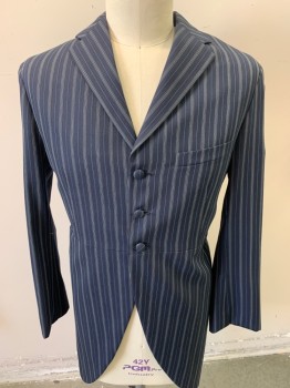 Mens, Historical Fict Suit Piece 1, N/L, Navy Blue, Teal Blue, Cream, Black, Polyester, Acetate, Stripes - Vertical , Herringbone, 42T, Cutaway, Notched Lapel, Outer Breast Pocket, 5 Buttons, Center Back Vent, 2 Back Pleats