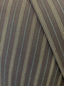 Mens, Historical Fict Suit Piece 1, N/L, Navy Blue, Teal Blue, Cream, Black, Polyester, Acetate, Stripes - Vertical , Herringbone, 42T, Cutaway, Notched Lapel, Outer Breast Pocket, 5 Buttons, Center Back Vent, 2 Back Pleats