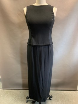 NO LABEL, Black, Polyester, Spandex, Solid, Sleeveless, Round Neck, Beaded Seams And Beaded Loop Trim, Back Slit, Back Zipper,
