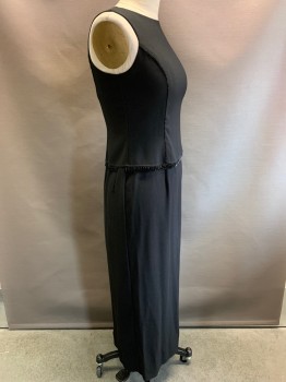 NO LABEL, Black, Polyester, Spandex, Solid, Sleeveless, Round Neck, Beaded Seams And Beaded Loop Trim, Back Slit, Back Zipper,