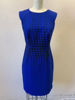ANN TAYLOR, Royal Blue, Black, Polyester, Dots, Crepe, Dots of Varying Sizes Pattern, Round Neck, Raglan Seams, Sheath Dress, Knee Length, Invisible Zipper in Back