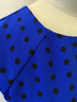 ANN TAYLOR, Royal Blue, Black, Polyester, Dots, Crepe, Dots of Varying Sizes Pattern, Round Neck, Raglan Seams, Sheath Dress, Knee Length, Invisible Zipper in Back