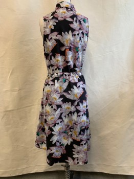 BAR III, Purple, Gray, Black, Yellow, Orange, Polyester, Floral, Button Front Top, Collar Attached, Sleeveless, Drawstring Waistband, High-Low Hem