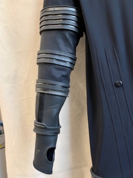 Mens, Jumpsuit, MTO, Black, Spandex, Rubber, Solid, Diamonds, W 36, C 42, G 62, Round Neck,  Back Zipper, Set Sleeves with Rubber Rings and Attached Neoprene Gauntlets with Thumb Holes. Textured Inserts. Rubber Rings Around Legs and Attached Greaves Ending in Spandex Boot Spats.some Damage on Rings at Inner Thigh