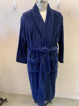 Mens, Bathrobe, BROOKS BROTHERS, Navy Blue, Cotton, Solid, XL, Terry Cloth,Shawl Collar,2 Pockets with Adjustable Tie Belt