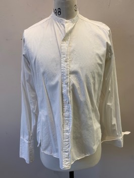 Mens, Shirt 1890s-1910s, JAYSON WHITEHALL, White, Cotton, Solid, Slv:35, N:15.5, Long Sleeves, Button Front, Band Collar, French Cuffs, Top Button Requires Shirt/Collar Stud (Not Included),