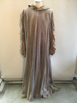 NO LABEL, Taupe, Cotton, Solid, Long Sleeves, Hood, Hook and Eye At Neck, Snaps, Rouching On Sleeves, Floor Length
