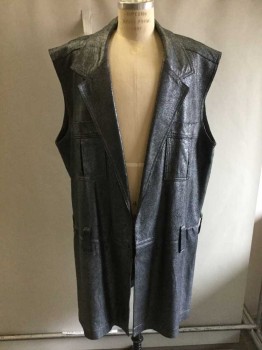 Mens, Vest, MTO, Pewter Gray, Faux Leather, Nylon, Solid, 52C, Crackled 'leather' Texture, 2 Patch Pockets With Sports Net Detail, Large Belt Loops, Hook & Eye Closures, Notched Lapel,