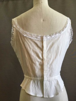 Womens, Camisole 1890s-1910s, Fox371, White, Cotton, Solid, W22, B32, Drawstring Lace Trim, Scoop Neck, Sleeveless, Hook & Eye Closure Center Back,