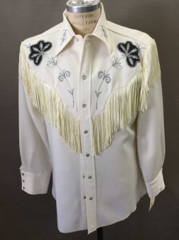 H BAR C, Cream, Polyester, Silver Floral Embroidery W/ Rhinestones, Black Flowers, Cream Fringed Yoke, Snap Front, Collar Attached,