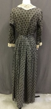 Womens, Dress, Piece 1, 1890s-1910s, N/L, Faded Black, Cream, Cotton, Geometric, Dots, 28W, 38B, Button Front with Concealed Placket Cream Mesh Lace Ruffle Collar, Long Sleeves with Cream Mesh Lace Ruffle Cuffs in Torn, Tie Back Waist