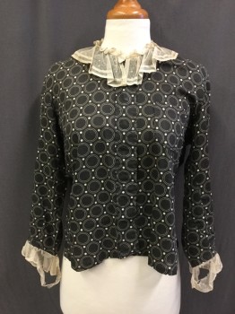 Womens, Dress, Piece 1, 1890s-1910s, N/L, Faded Black, Cream, Cotton, Geometric, Dots, 28W, 38B, Button Front with Concealed Placket Cream Mesh Lace Ruffle Collar, Long Sleeves with Cream Mesh Lace Ruffle Cuffs in Torn, Tie Back Waist