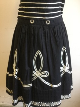 JEAN PAUL GAULTIER, Black, Off White, Cotton, Solid, Black with Off White Thin Ribbon Work Detail, Mock Neck with 2 Cover Button Back, Key Hold Back, 4 Horizontal Ribbon at Waist Band with 2 Metal Ring Button " Jean Paul Gaultier" Side Zip, Gathered Skirt with Matching Ribbon Design