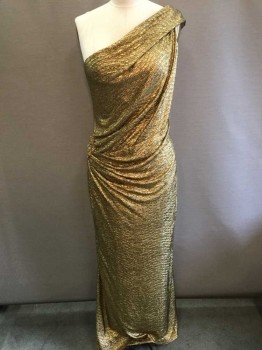 ANNABELLE, Gold, Metallic, Polyester, Solid, Textured Gold Lame, 1 Shoulder, Ruched At Side with Gold Beaded Detail with Orange and Gold Gemstones