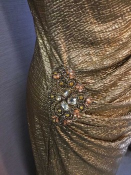 ANNABELLE, Gold, Metallic, Polyester, Solid, Textured Gold Lame, 1 Shoulder, Ruched At Side with Gold Beaded Detail with Orange and Gold Gemstones