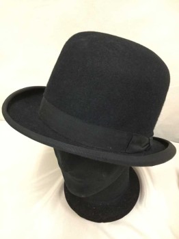 Mens, Bowler Hat 1890s-1910s, Pieroni Bruno, Black, Wool, Solid, 7 3/8, Hard Structure, Tall Crown Slightly Flattened, 1.5" Grosgrain Band/bow and Edge Trim