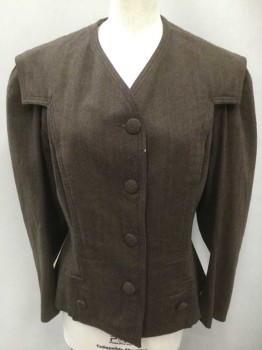 Womens, Jacket 1890s-1910s, N/L, Brown, Dk Brown, Wool, Herringbone, B:38, Long Sleeves, 4 Self Fabric Button Closures At Front, 2 More Buttons At Hips, Rectangular/Geometric Collar/Panel Which Extends To Back, Black Lining, Made To Order,