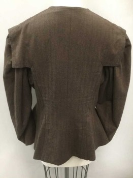 Womens, Jacket 1890s-1910s, N/L, Brown, Dk Brown, Wool, Herringbone, B:38, Long Sleeves, 4 Self Fabric Button Closures At Front, 2 More Buttons At Hips, Rectangular/Geometric Collar/Panel Which Extends To Back, Black Lining, Made To Order,