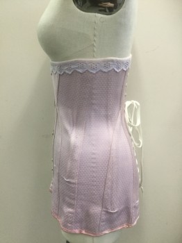 Womens, Corset 1890s-1910s, N/L, Periwinkle Blue, Pink, Lavender Purple, White, Cotton, Polka Dots, H34-36, W24-26, Self Small Polkadots, Lavender Lace Trim Top, Pink Satin Trim Bottom, Front Spoon Busk, Lace Up Back, Hand Sewn Grommet Holes Center Back,