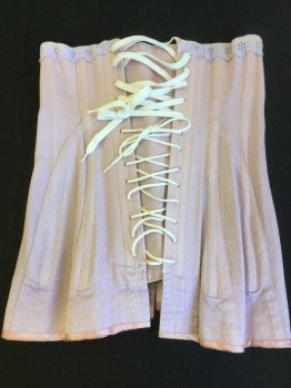 Womens, Corset 1890s-1910s, N/L, Periwinkle Blue, Pink, Lavender Purple, White, Cotton, Polka Dots, H34-36, W24-26, Self Small Polkadots, Lavender Lace Trim Top, Pink Satin Trim Bottom, Front Spoon Busk, Lace Up Back, Hand Sewn Grommet Holes Center Back,