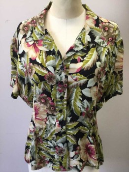 BARAMI, Black, Chartreuse Green, Beige, Magenta Pink, Gray, Silk, Hawaiian Print, Floral, Short Sleeves, Button Front, Collar Attached,