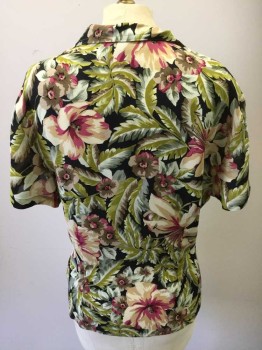 BARAMI, Black, Chartreuse Green, Beige, Magenta Pink, Gray, Silk, Hawaiian Print, Floral, Short Sleeves, Button Front, Collar Attached,